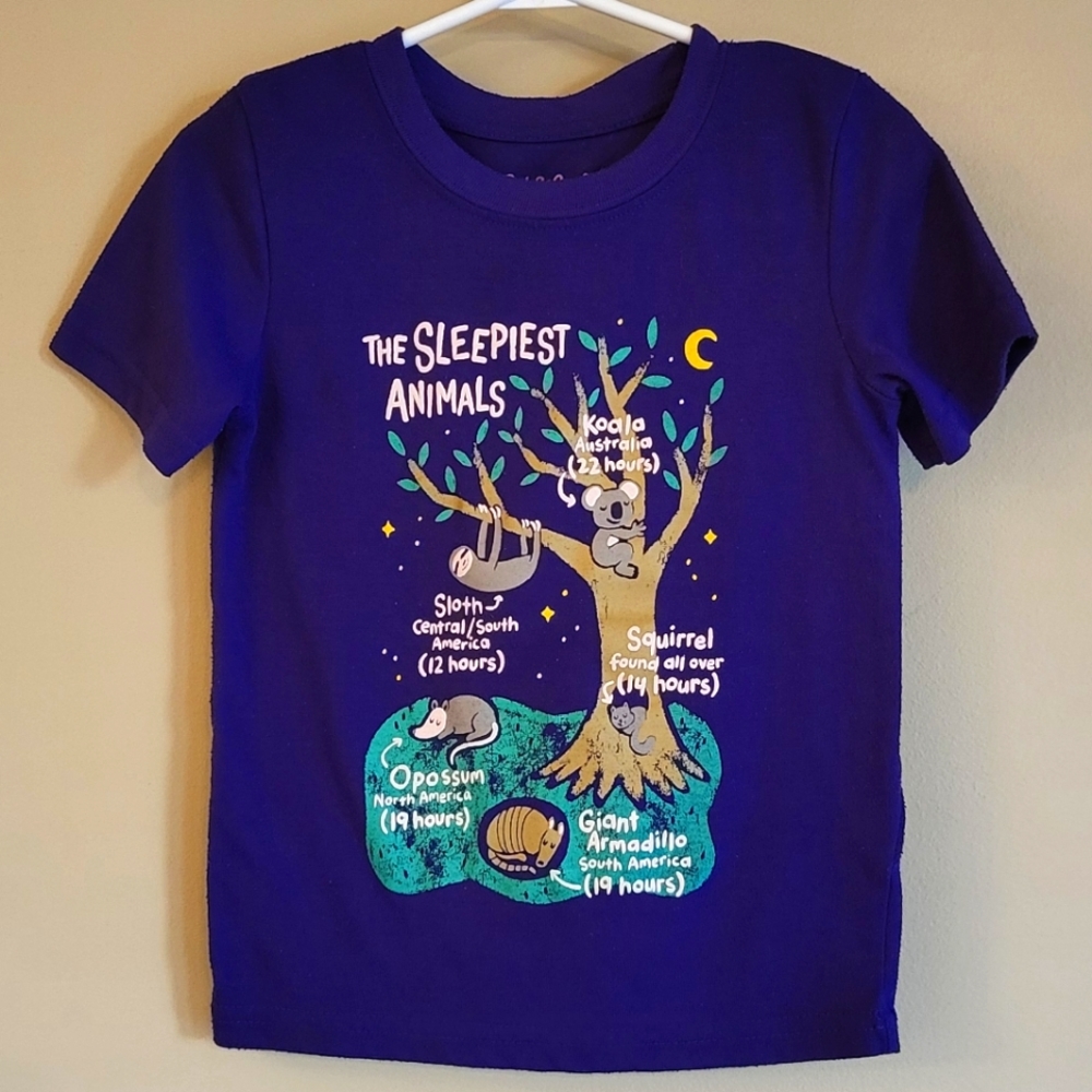 "The Sleepiest Animals" purple tee shirt